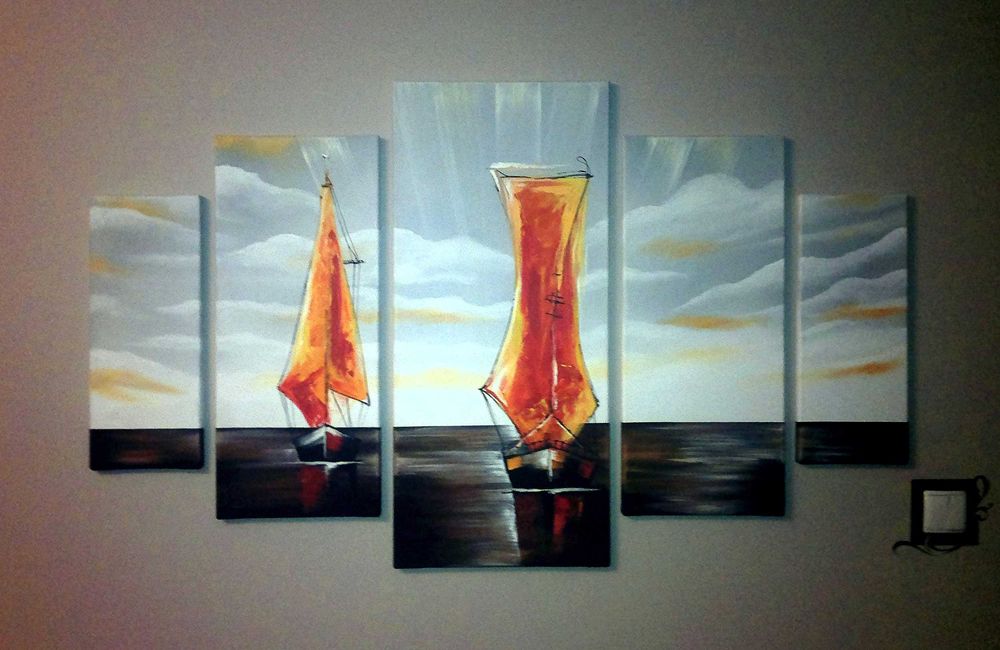 Ręcznie malowany obraz na płótnie 5 części - jezioro, morze, żagle !!!