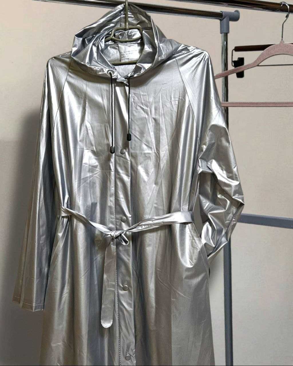 Серебристый дождевик-плащ из пвх с капюшоном, One Size