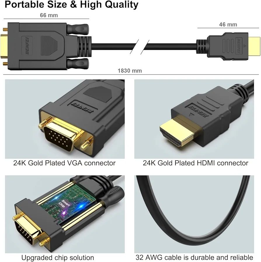 Kabel HDMI do VGA przejściówka kabla 1.8m Benfei