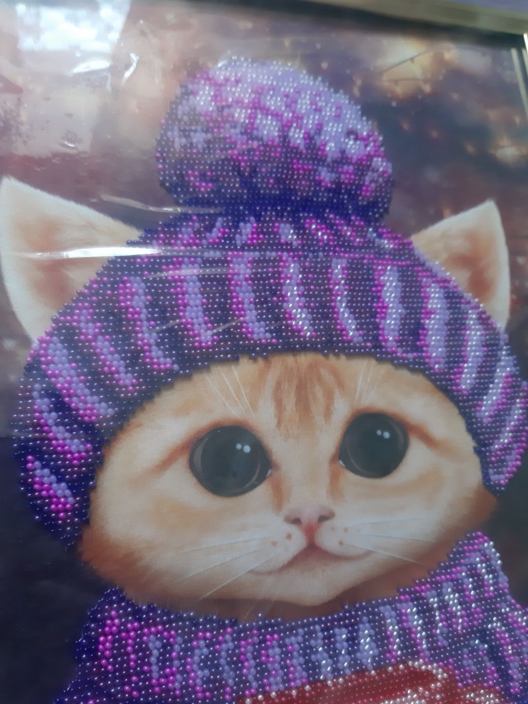 Картина бісером під стеклом в рамі "милий кіт".