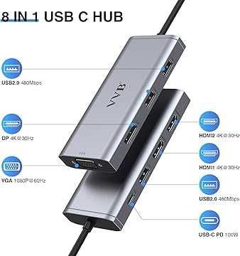 VVB 8w1 Stacja dokująca Hub USB C 100 W PD Thunderbolt 3