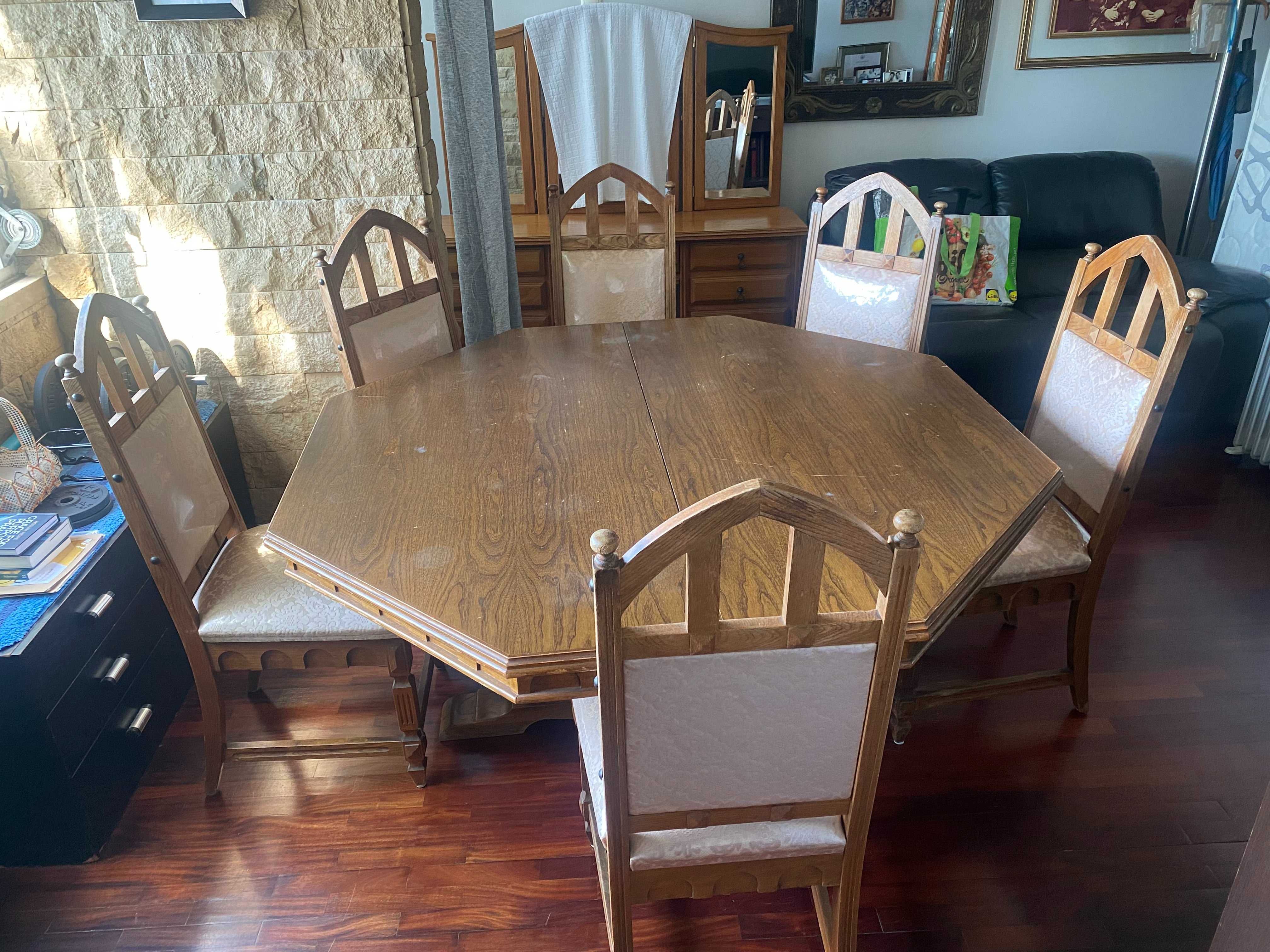 Mesa de jantar em madeira maciça de carvalho 8-12 lugares (anos 70)