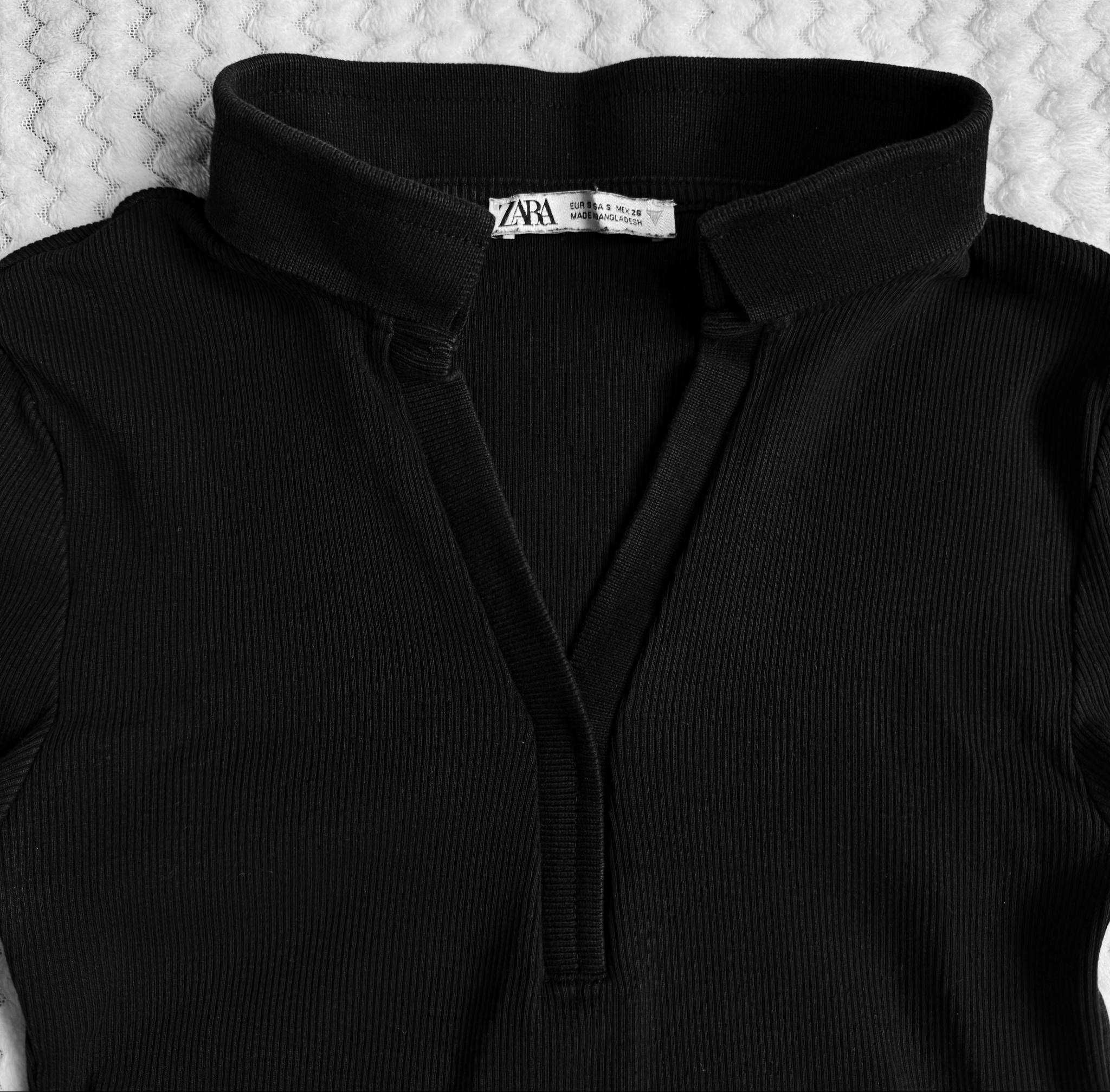 Bluzka crop top czarny z kołnierzykiem obcisły polo dekolt v Zara 36/S