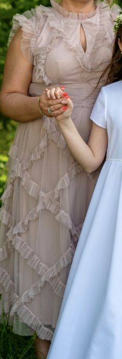 COAST koktajlowa sukienka tiulowa midi zgaszony róż falbanki r. 44-46