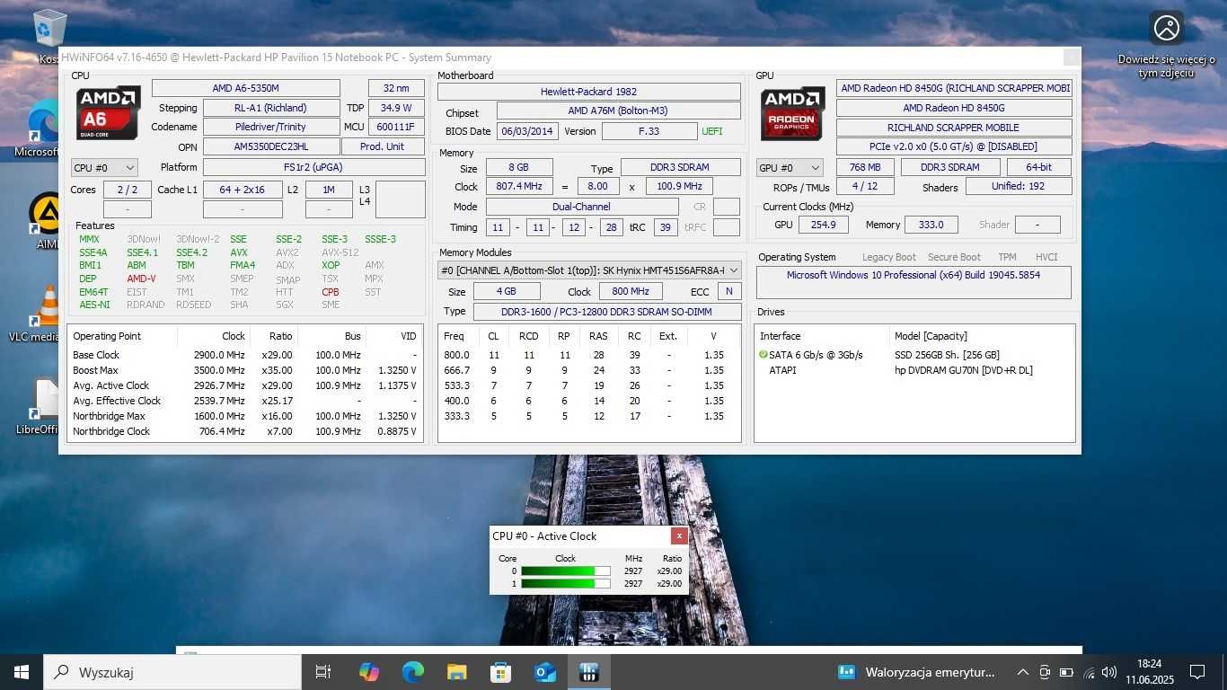 TANIO HP Pavilion AMD A6/8GbDDR/256SSD/Radeon 8450G/BateriaNOWA