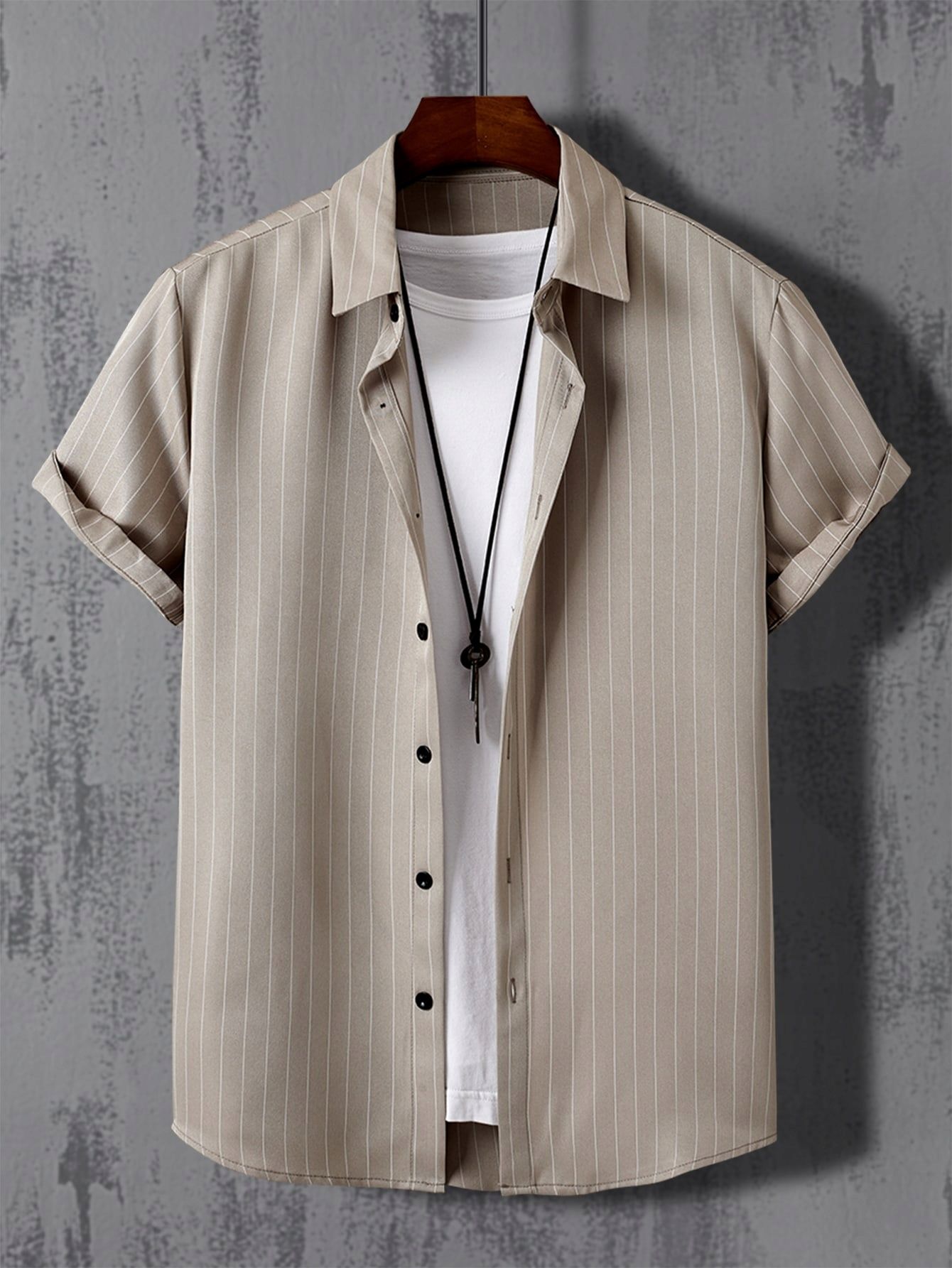Koszula Męska Z Krótkim Rękawem W Paski Khaki Casual Shein S