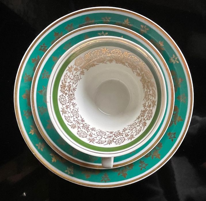Stara porcelana zestaw śniadaniowy TRIO złoto zieleń