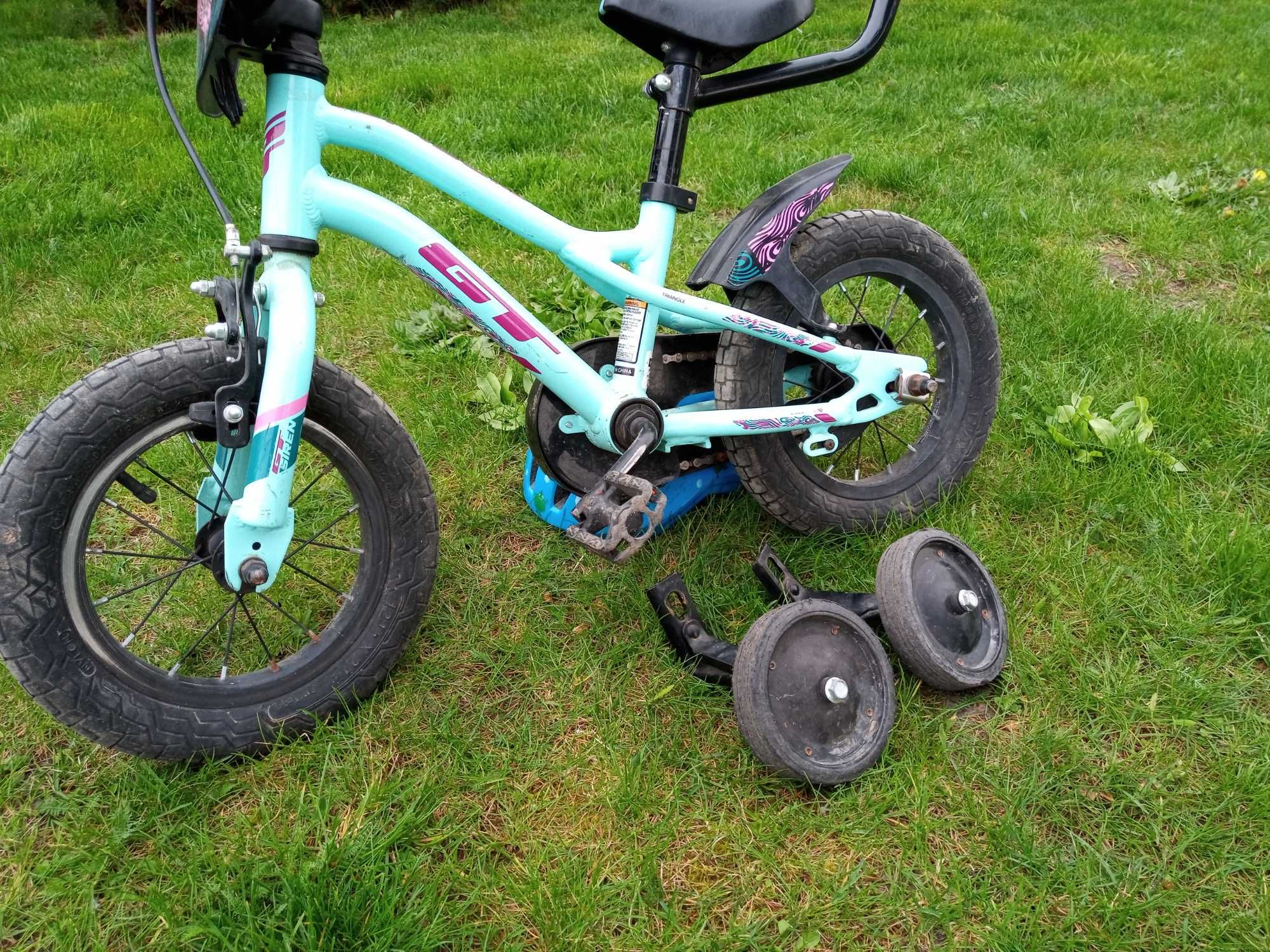 Rower dziecięcy/rowerek 12 cali +kijek prowadnik +kółka boczne +kask.