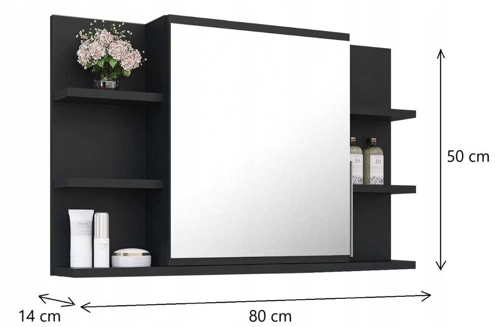 Szafka z lustrem i półkami 80x50 czarna łazienkowa 8 półek