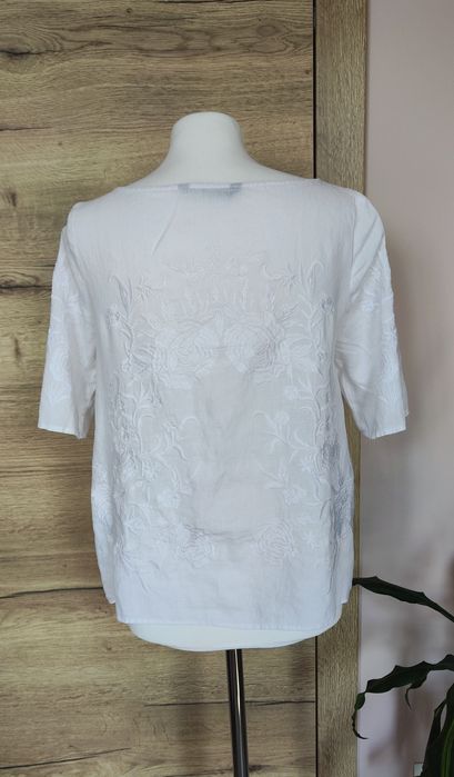 Lniana bluzka z krótkim rękawem haft róże Zara S