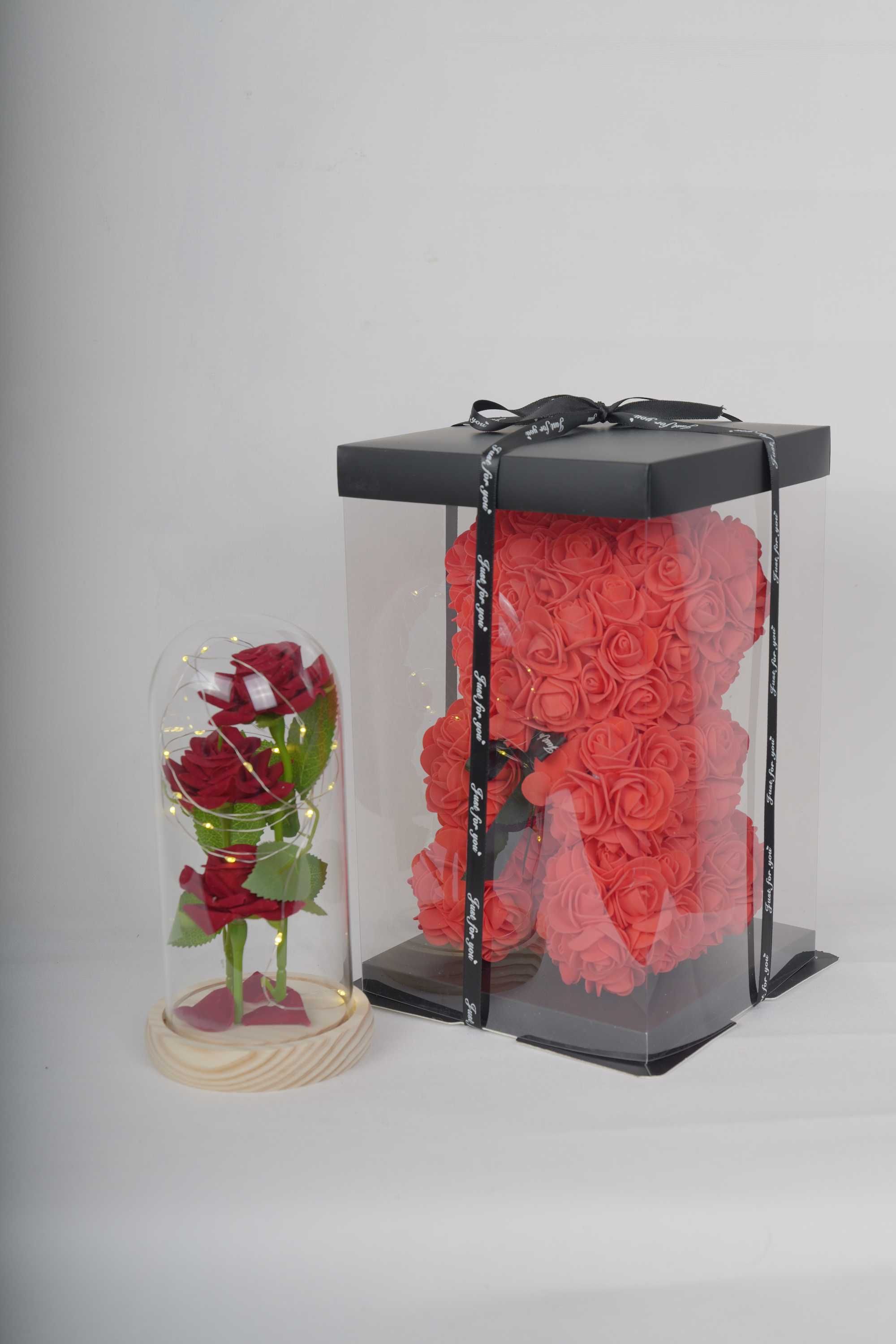 Zestaw Miś z róż + Róża w szkle Lampki LED idealny prezent DZIEŃ MAMY