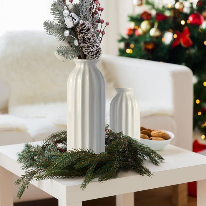 Ceramiczny Wazon Zestaw 2 Sztuki Żebrowane w Stylu Boho Białe