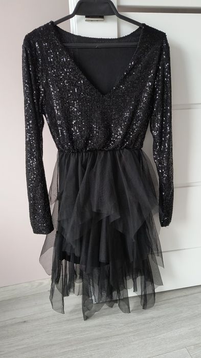 Sukienka wieczorowa cekiny tiul długi rękaw S 36