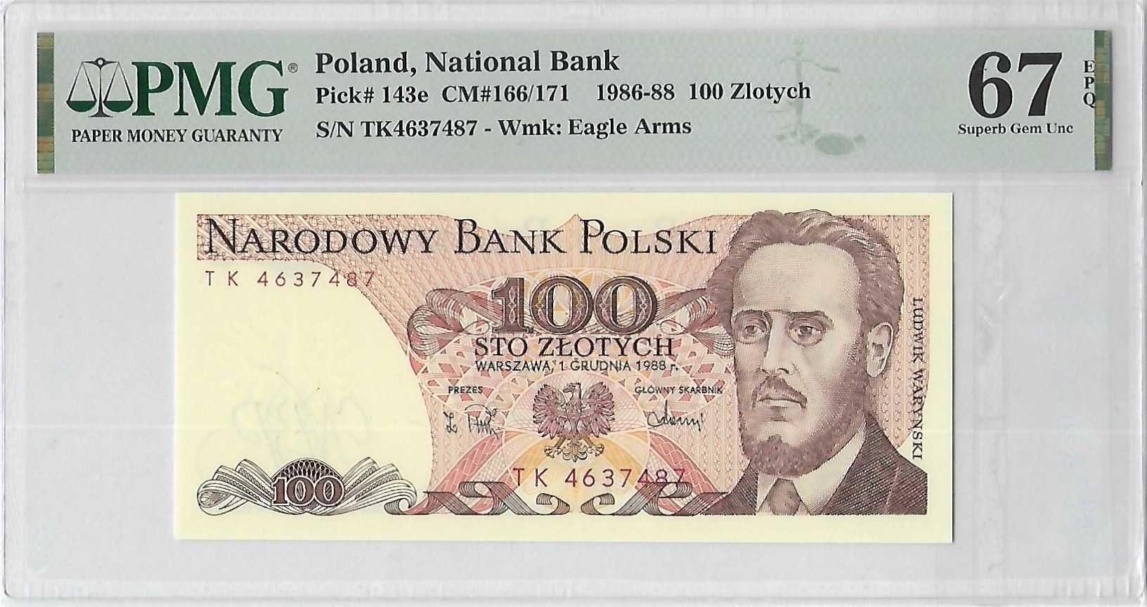 100 Złotych Polska z 1988 rok - seria TK - PMG 67