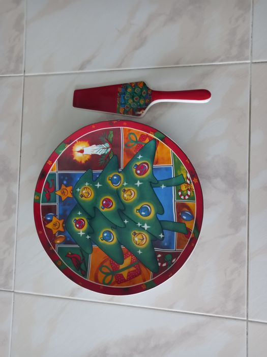 Prato para bolo com espátula. Motivo de natal. NOVO