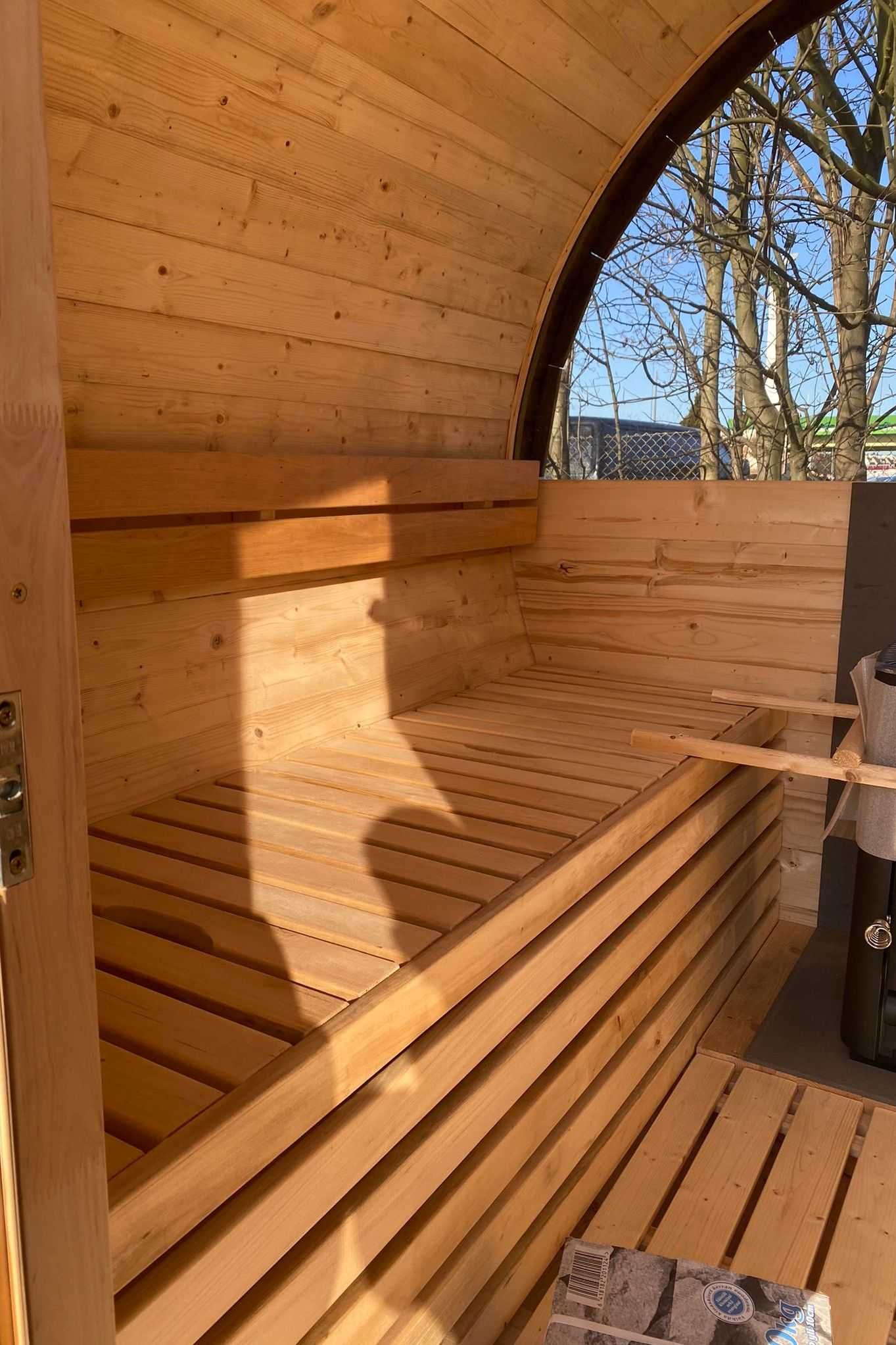 Sauna ogrodowa z piecem opalanym drewnem panorama daszek 1-8 osób