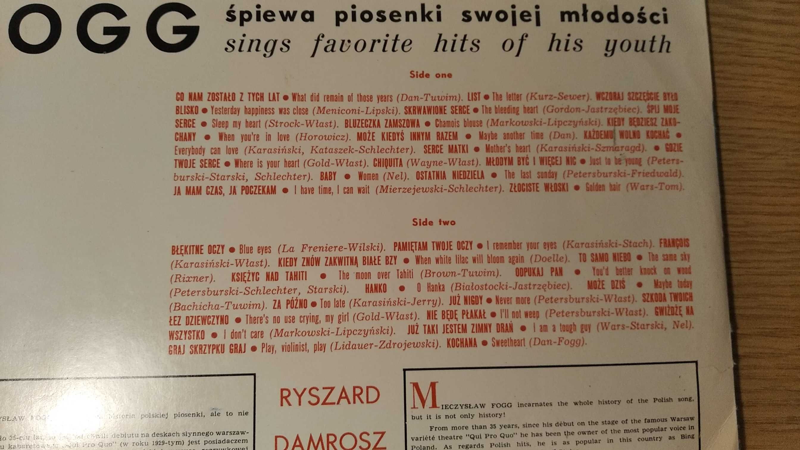 Winyl Mieczysław Fogg Śpiewa piosenki swojej młodości VG