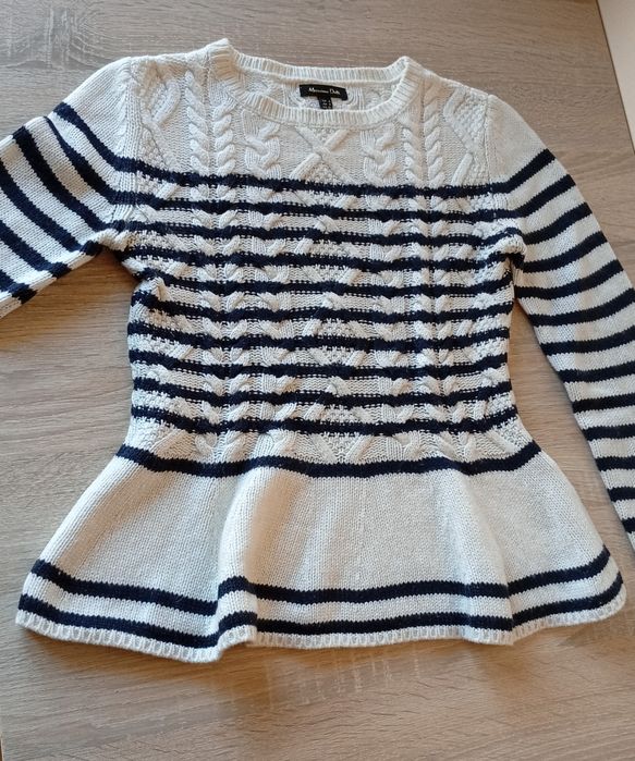 Biały sweter w paski z wełną  i kaszmirem, Massimo Dutti, rozmiar S