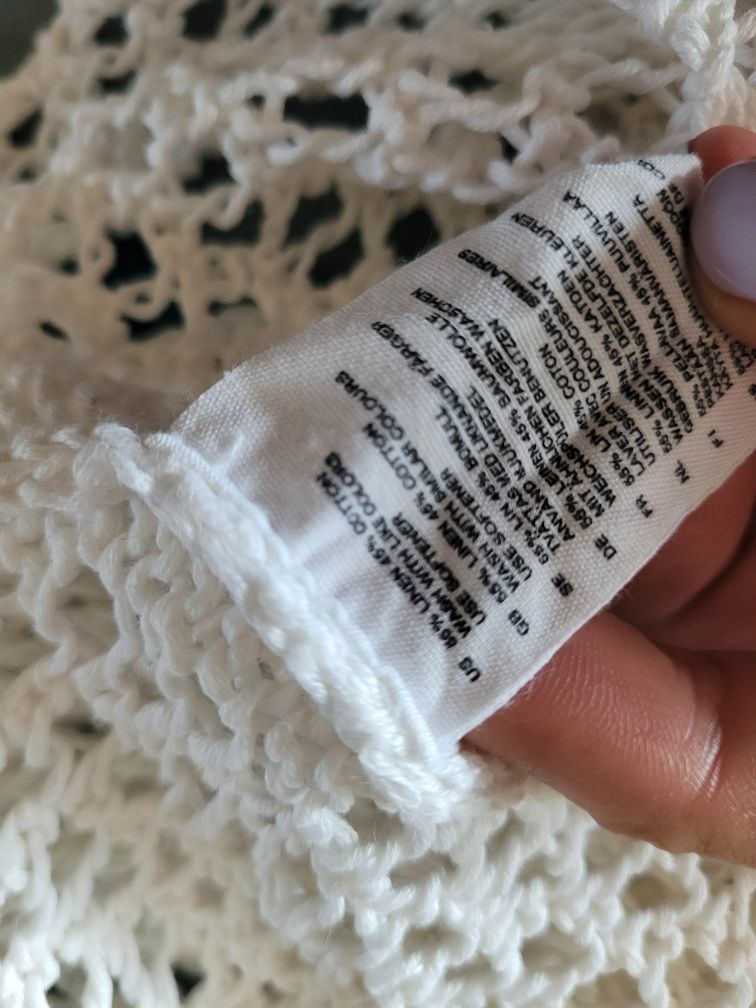 Biały lniany ażurowy sweter boho H&M