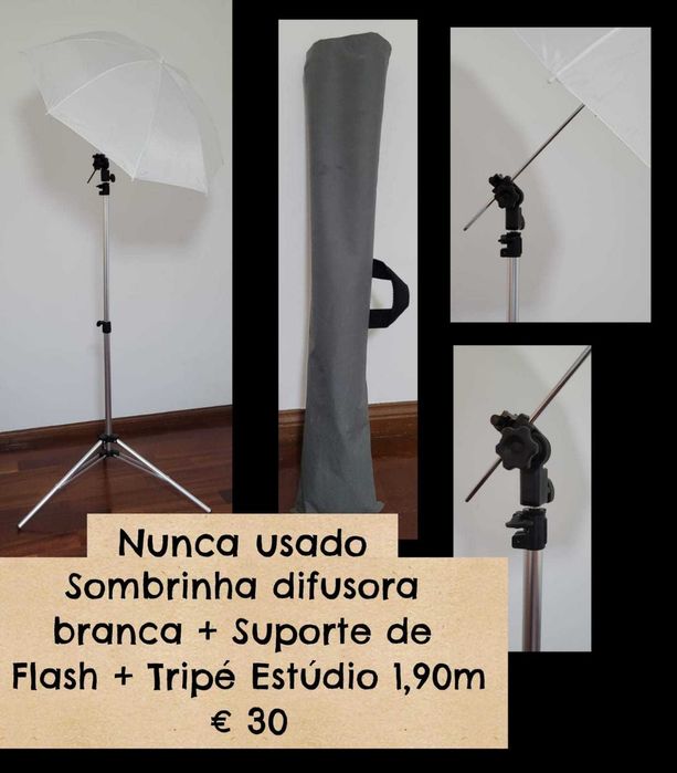Tripé 1,9m + suporte para flash + difusora braca + bag transporte