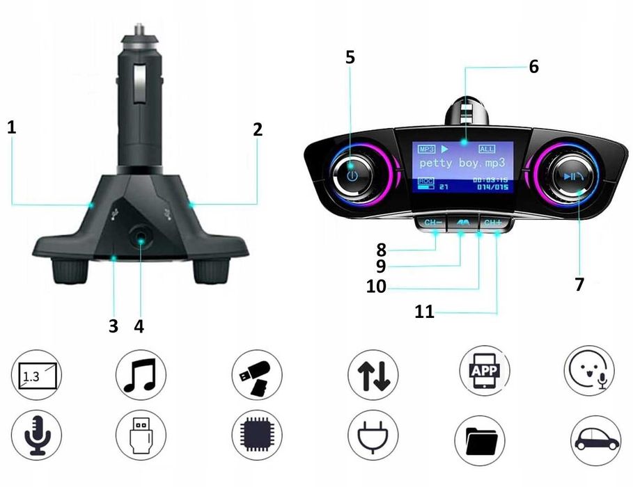 transmiter fm bluetooth 5.0 usb wielofunkcyjny 8w1 zestaw głośnomówiąc