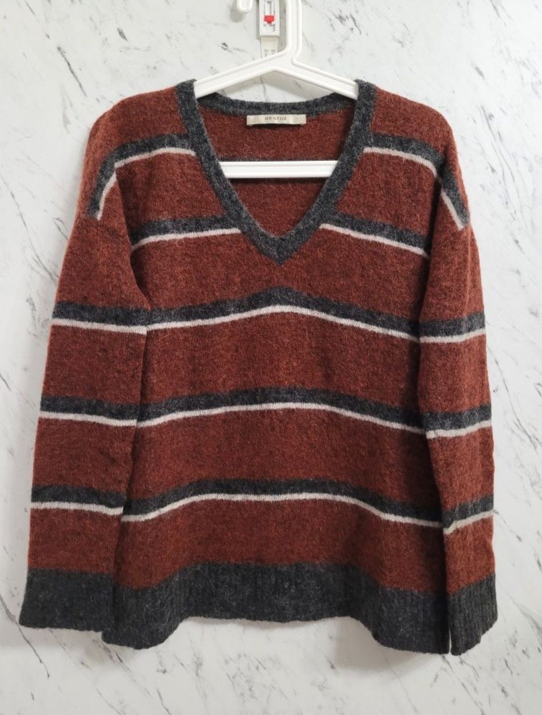 Ciepły wełniany sweter w paski scandi premium moher wełna styl preppy