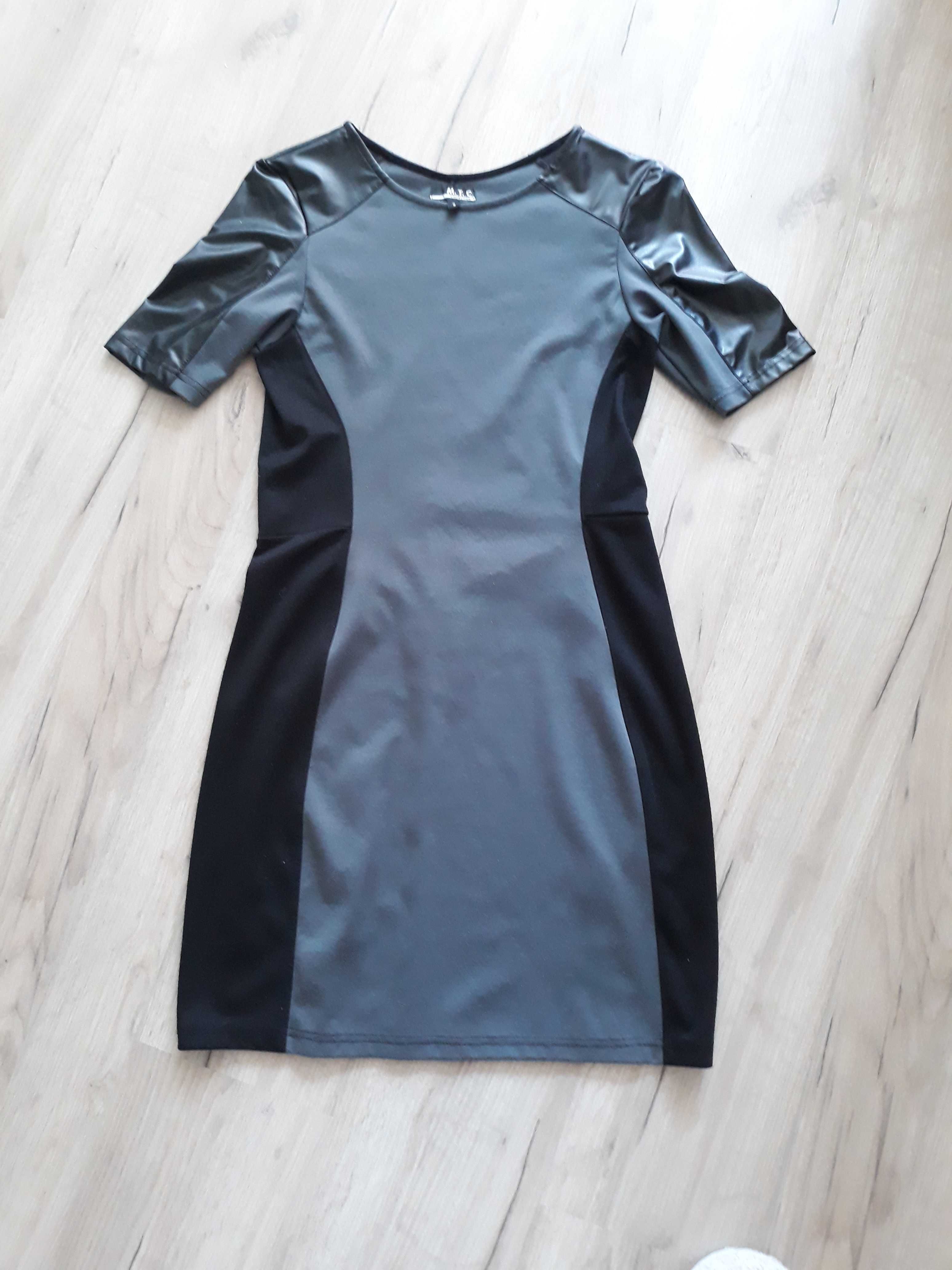 Szara czarna wyszczuplająca sukienka krótkie rękawySkórzane wstawki36S