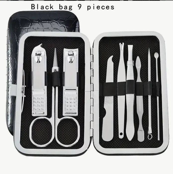 Conjunto de Manicure e pedicure com 9 peças, disponível em 2 cores.