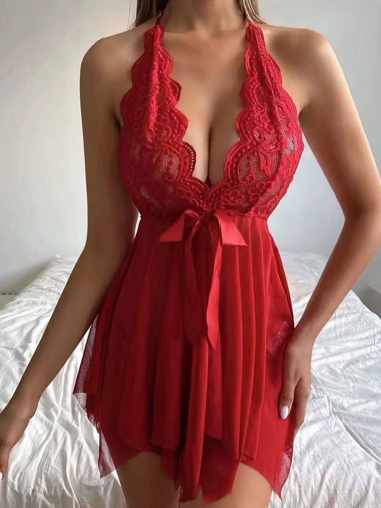 Кружевной комплект пеньюар + трусики красный/черный S/M, платье