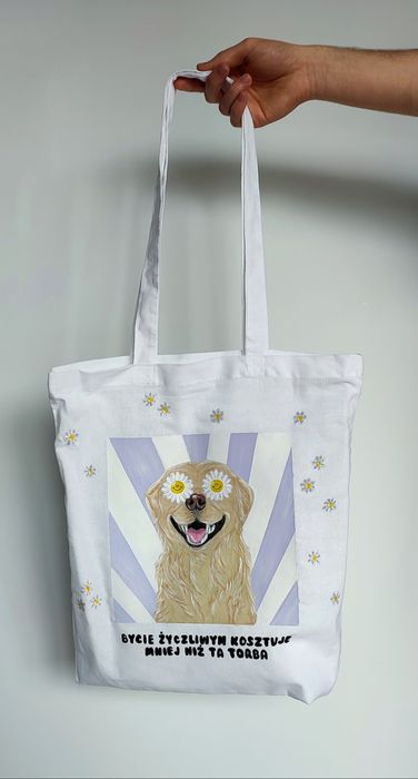 Torba bawełniana biała z pieskiem Golden Retriever ręcznie malowana