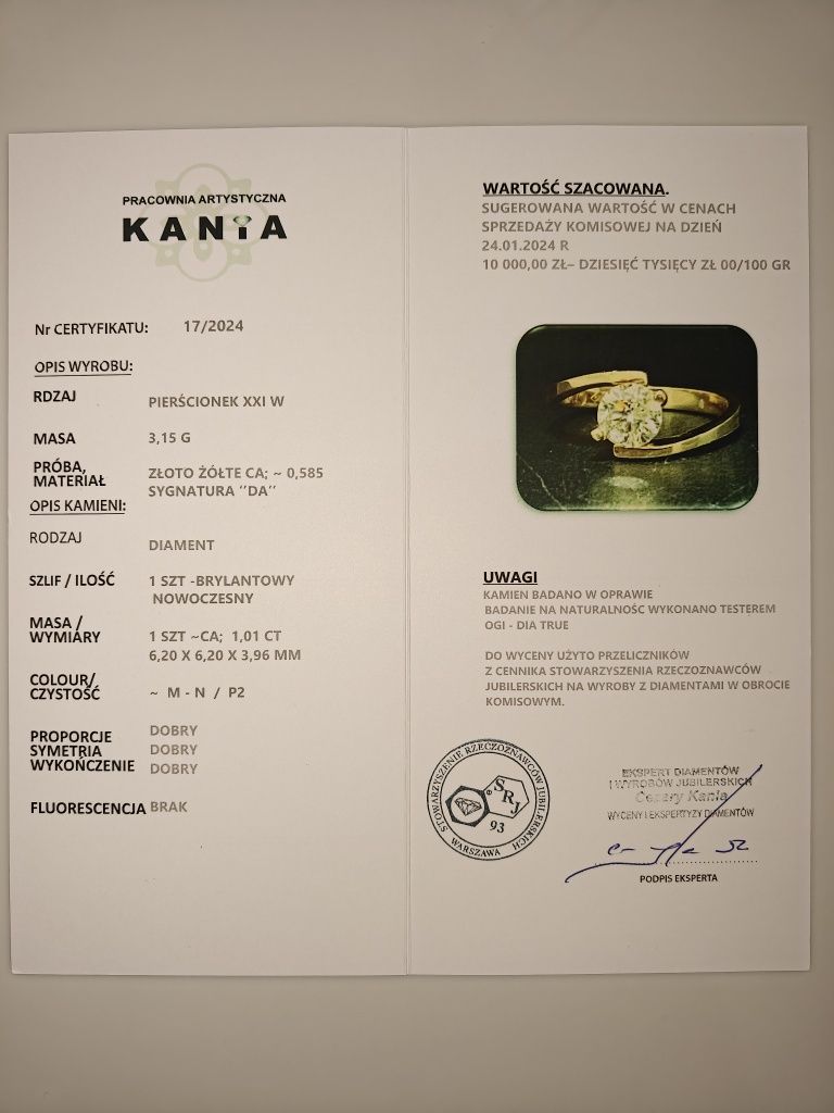 Pierścionek 1,01ct z naturalnym brylantem / diamentem , zaręczynowy