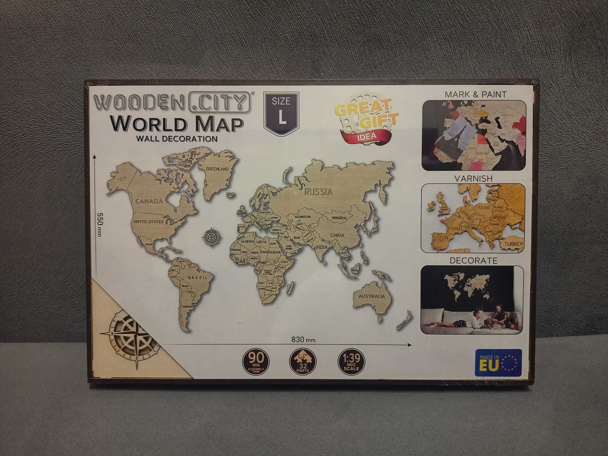Drewniana mapa świata puzzle 3D 55 x 83 cm do powieszenia na ścianę