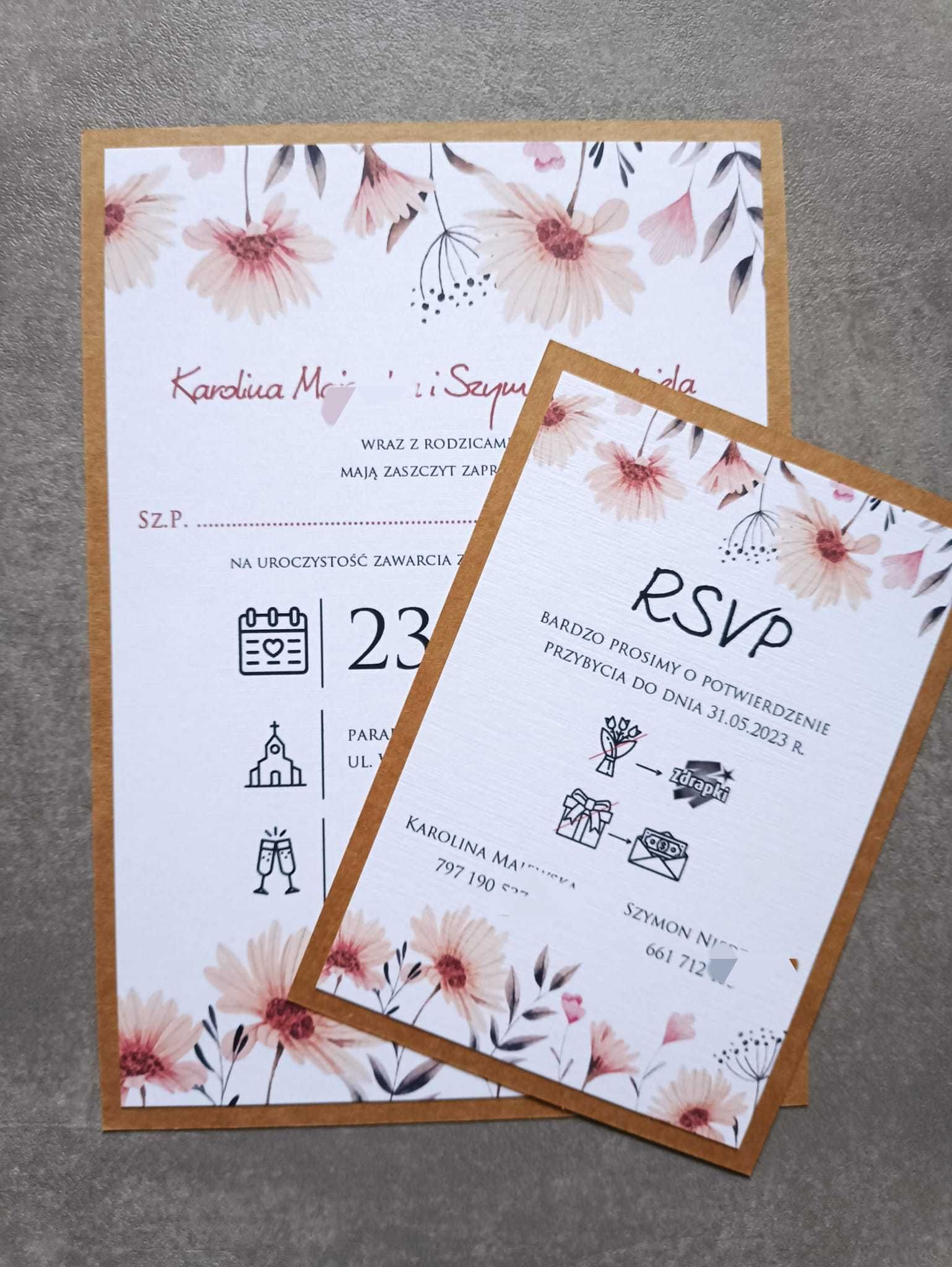 Zaproszenia ślubne dwie karty rustykalne A5 + A6 eko eukaliptus liście