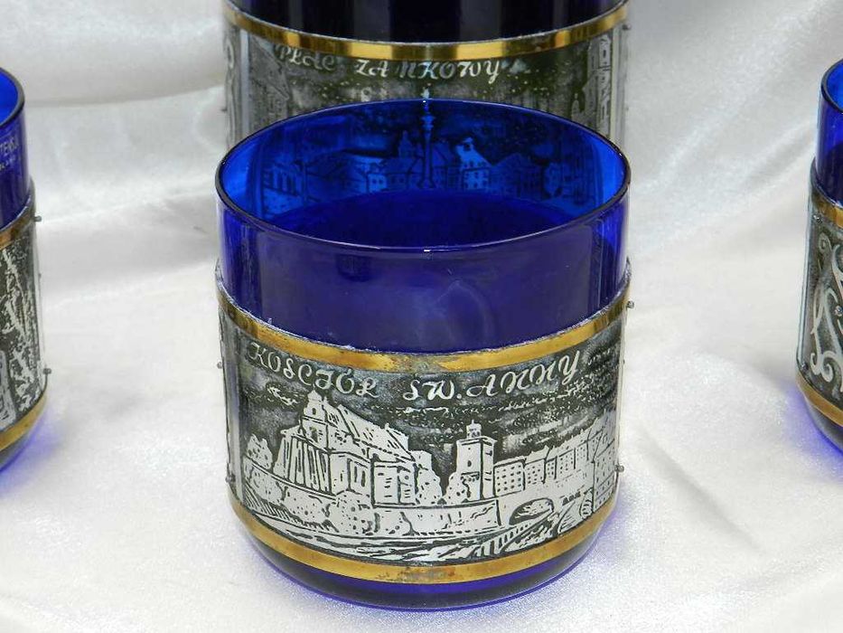 Kobaltowy okuwany zestaw do napojów WARSZAWA Huta Hortensja lata 70-80