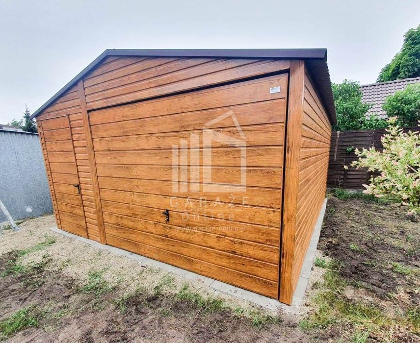 GARAŻ BLASZANY 4,5 x 5 dwuspad Brama + drzwi orzech wolnostojący ID88