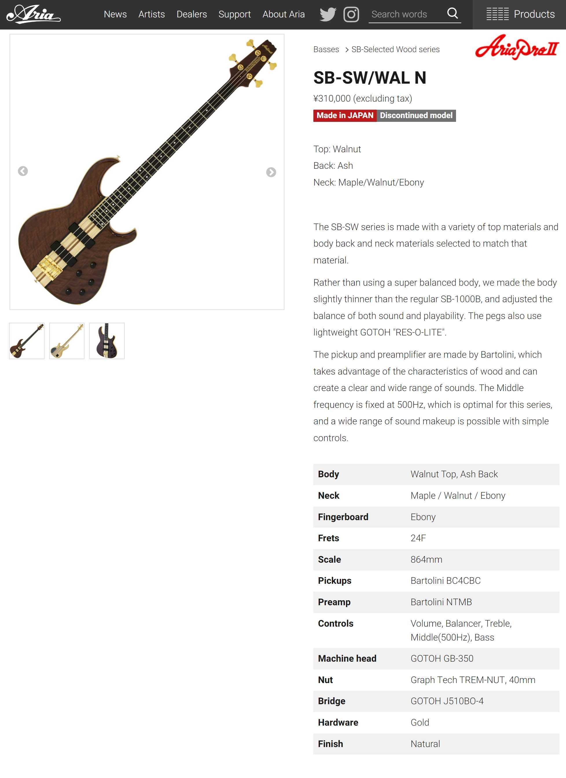 Gitara basowa Aria Pro II APII SB-SW WAL Japan Selected Wood Bartolini