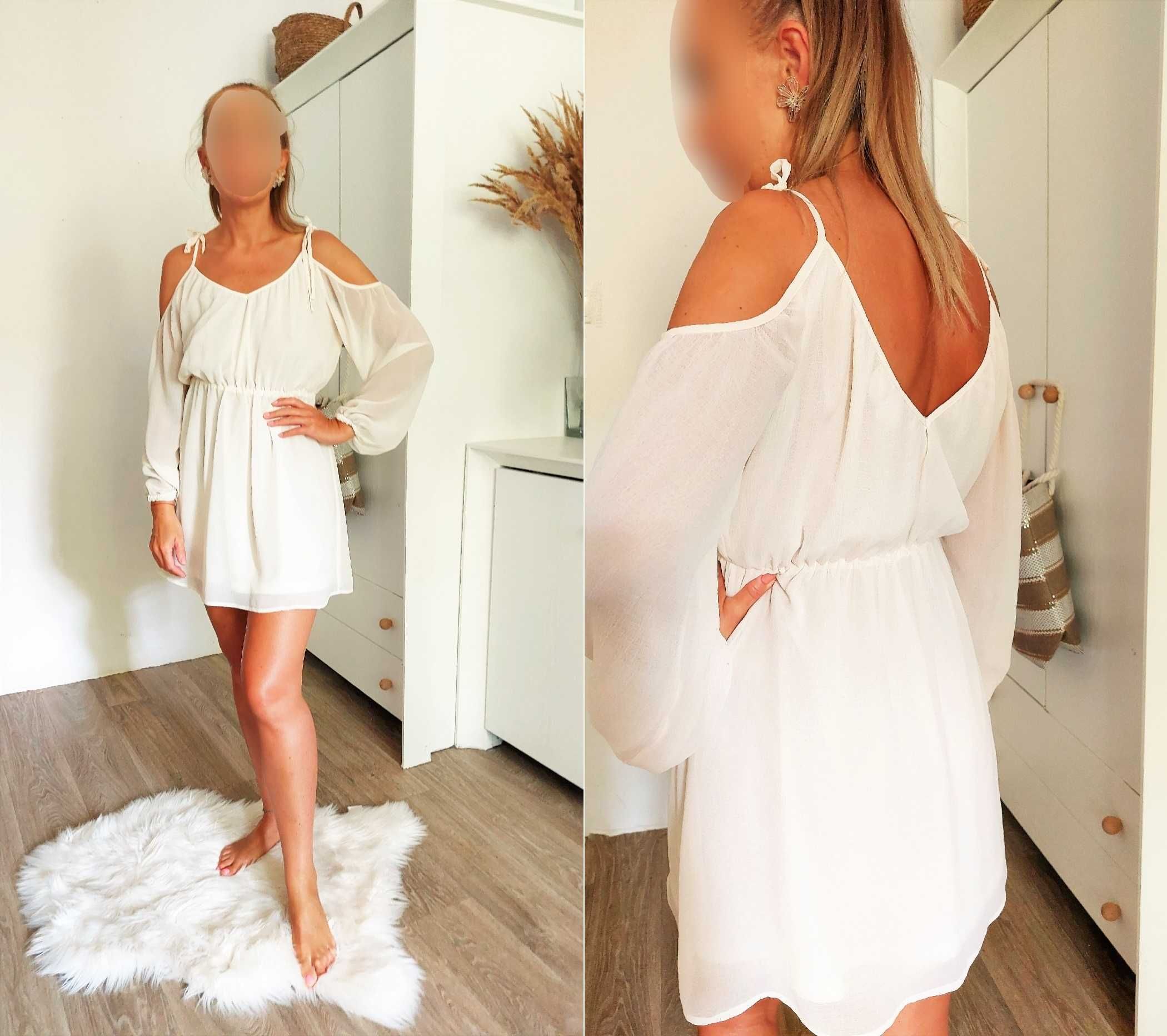 Sukienka mini boho kremowa beżowa H&M r.S 36