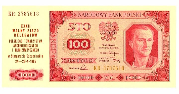 Banknot 100zl 1948r serii KR z nadrukiem