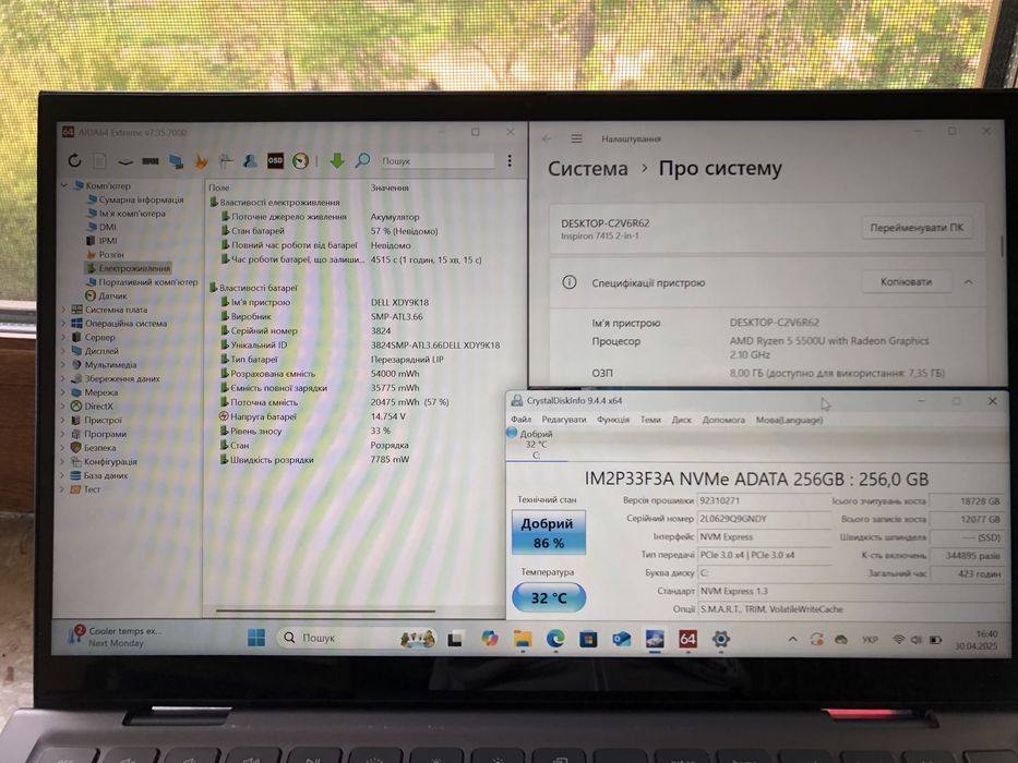 Dell Inspiron 7415 2in1 Touch Ryzen 5 5500u 8GbRam 256G m2 14” ноутбук