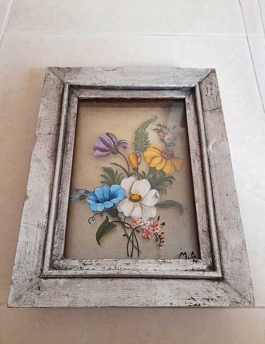 Quadro Antigo Pintura Flores em Vidro sobreposto Vintage pintado à mão