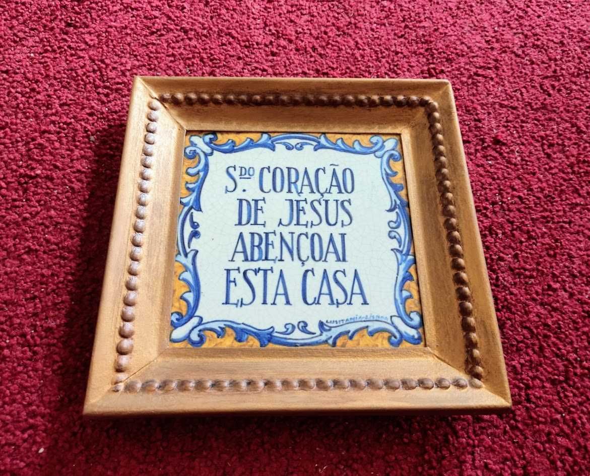 Quadro vintage moldura metal e azulejo falante pintado à mão