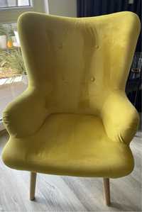 Fotel uszak drewniany Homla żółty wysoki wygodny szeroki duży