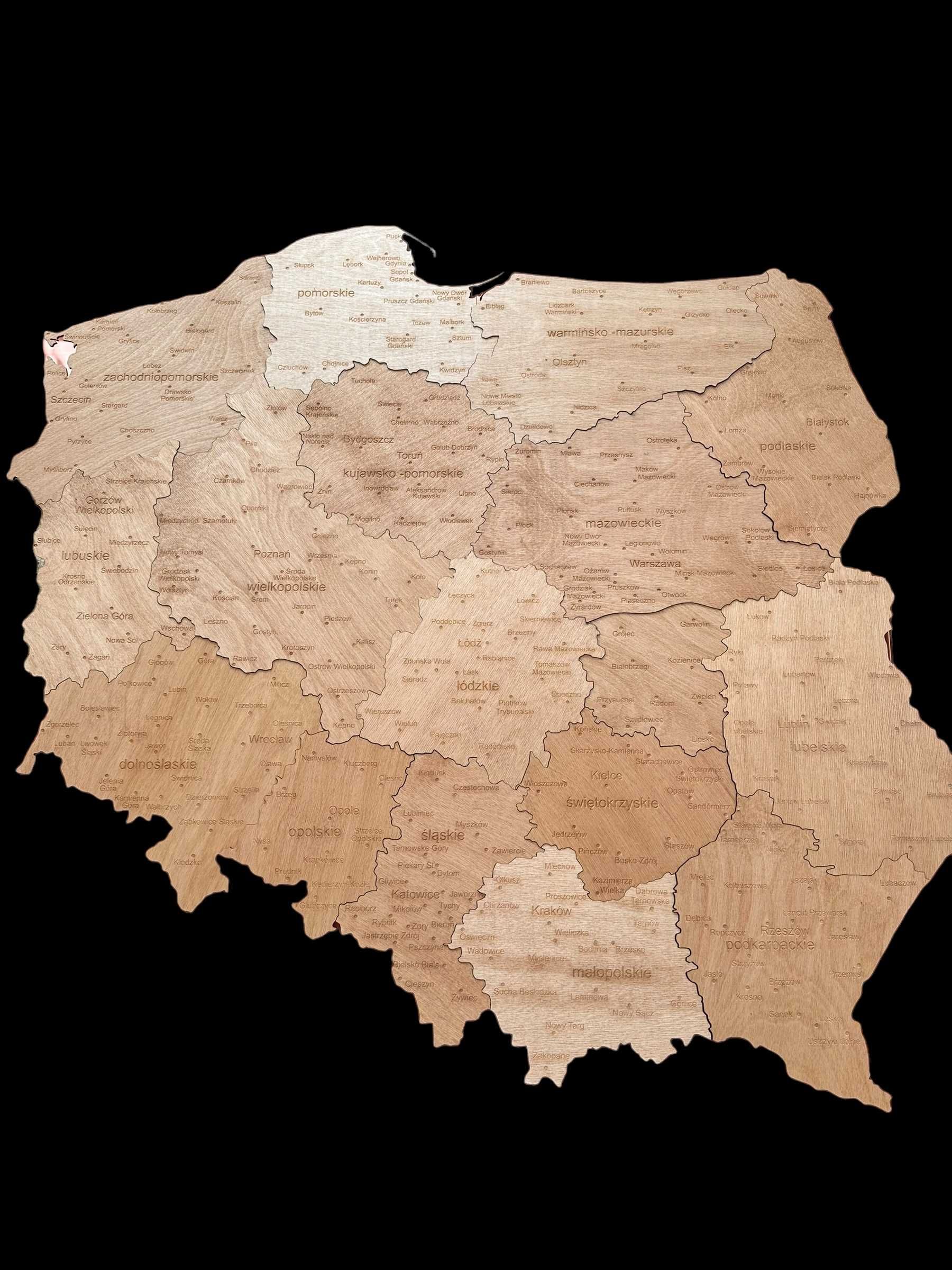 Drewniana nowa mapa Polski Winchester, województwa 160 cm, prezent