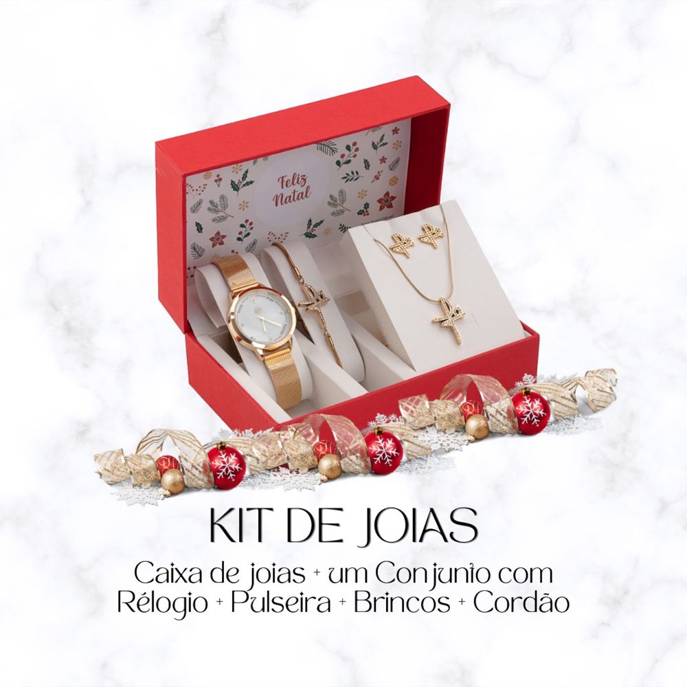 Conjunto Fé Relógio+Pulseira+Cordão+Brincos