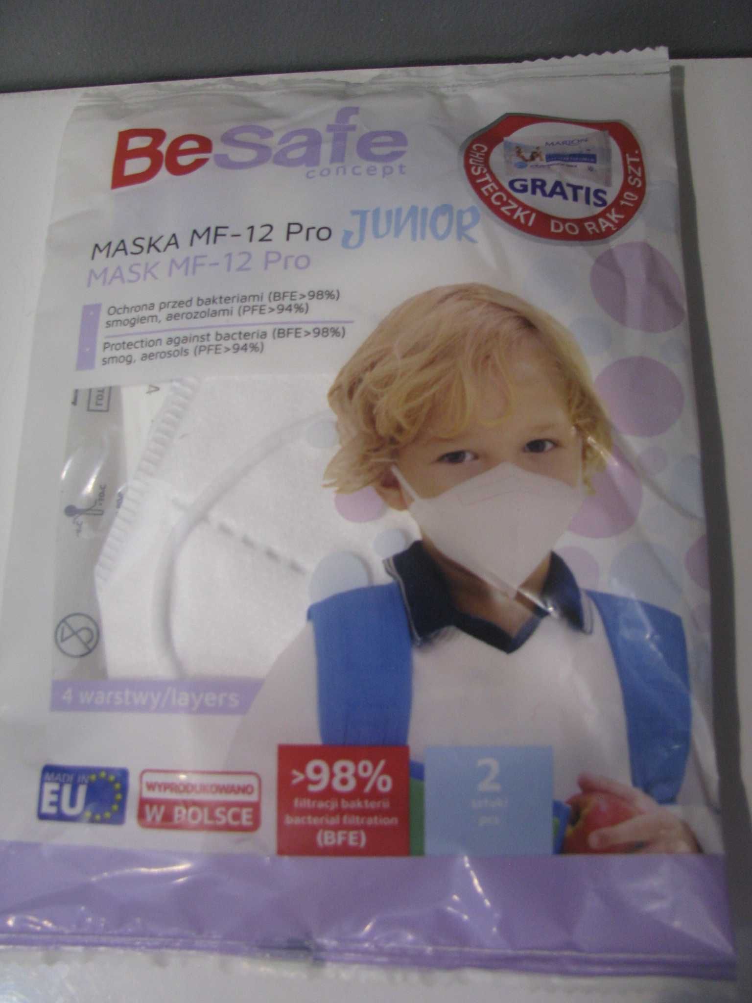 Nowe Be Safe Junior  maseczki  MF-12 białe  2szt. gratis chusteczki