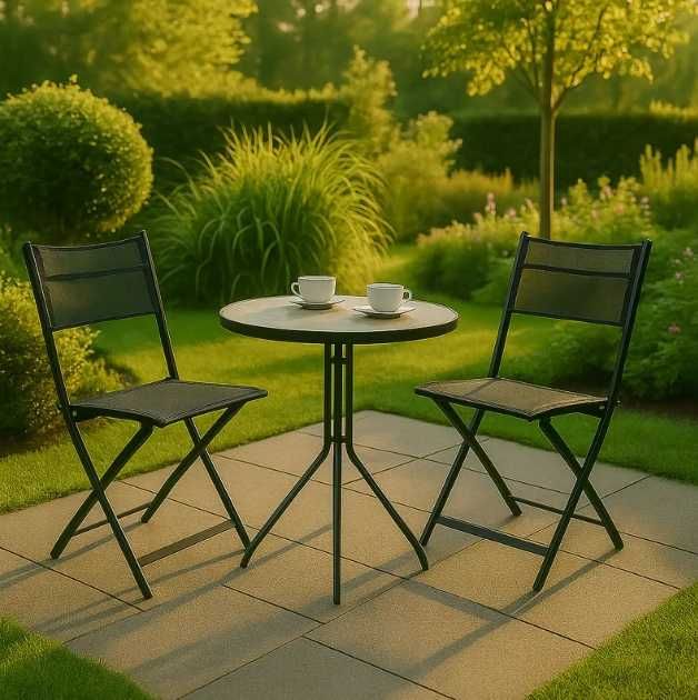 Zestaw Balkonowy Ogrodowy 2 Składane Krzesła Okrągły Stolik Stabilny