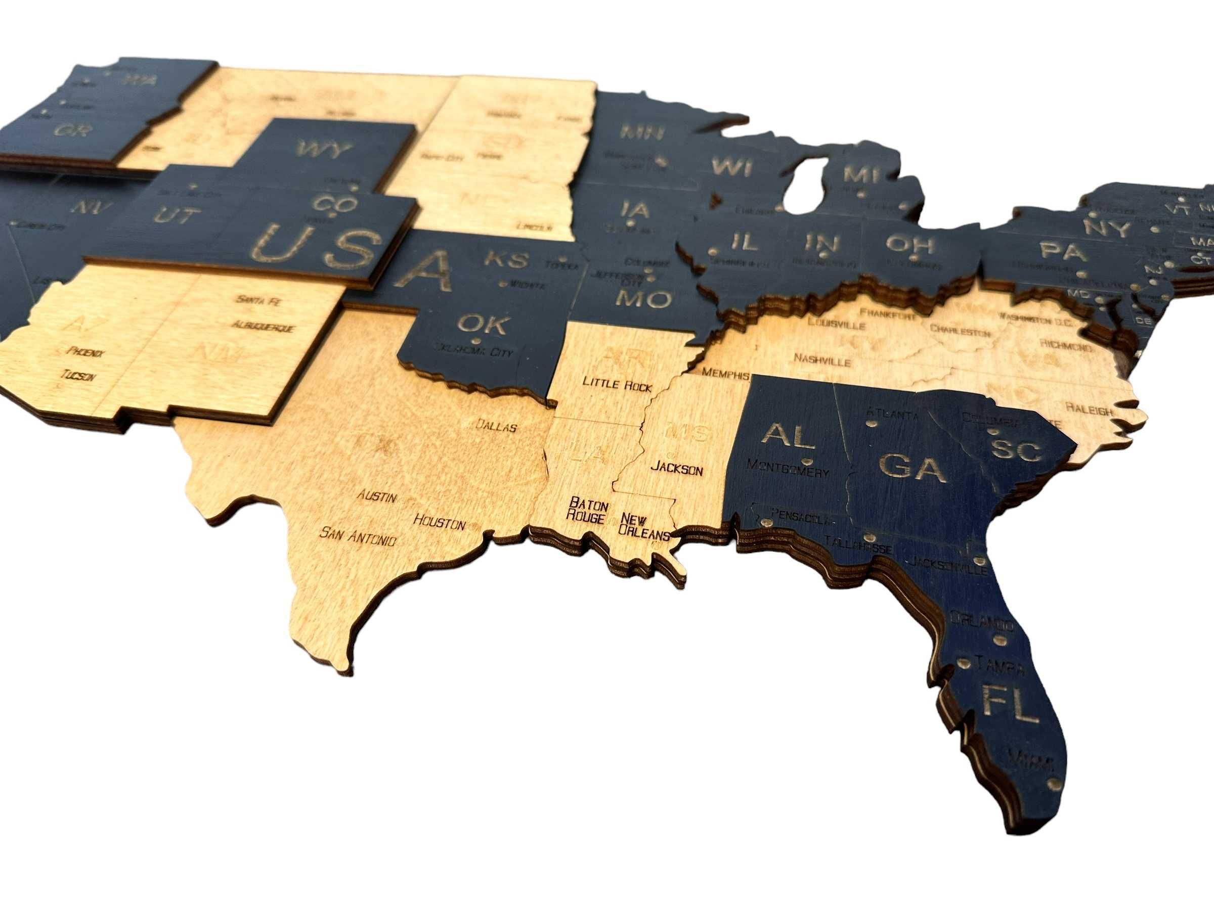 Mapa 3D drewniana USA -2kolory, 116cm Stany Zjednoczone, U.S.A.