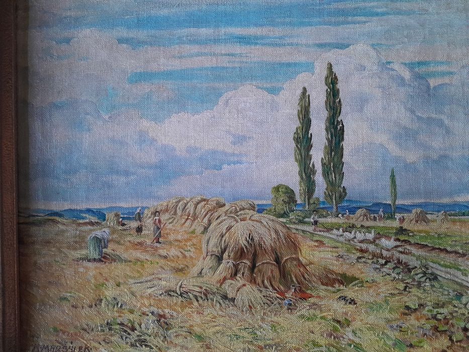 Obraz olejny,pejzaż-żniwa na płótnie.