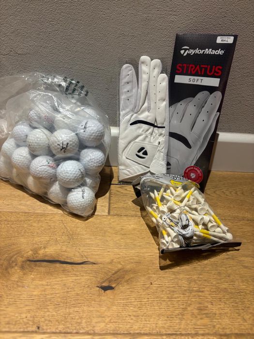 Kije do golfa, wózek, zestaw rekawice piłki