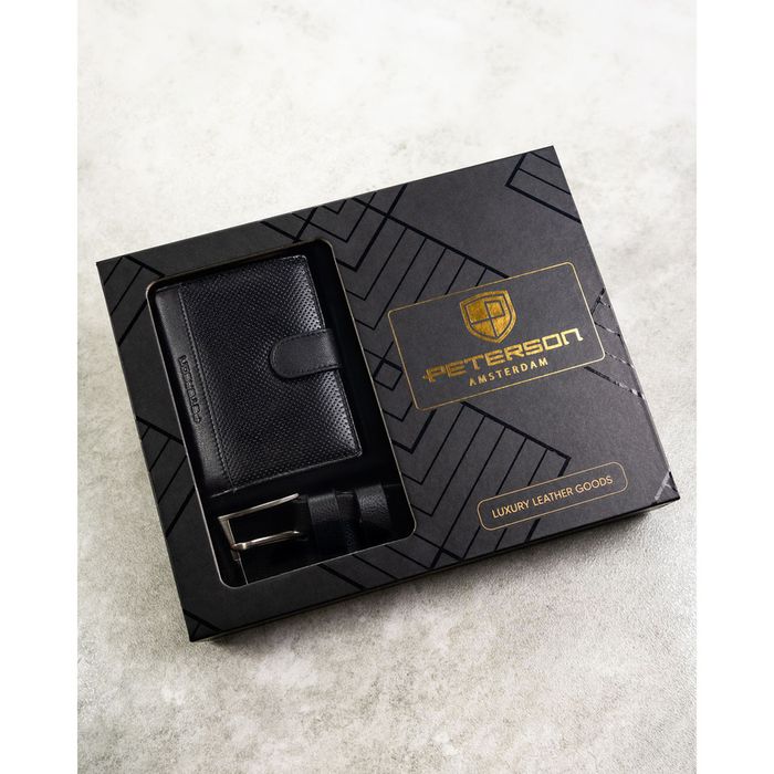 zestaw prezentowy: skórzany, pionowy portfel męski w czarnym kolorze